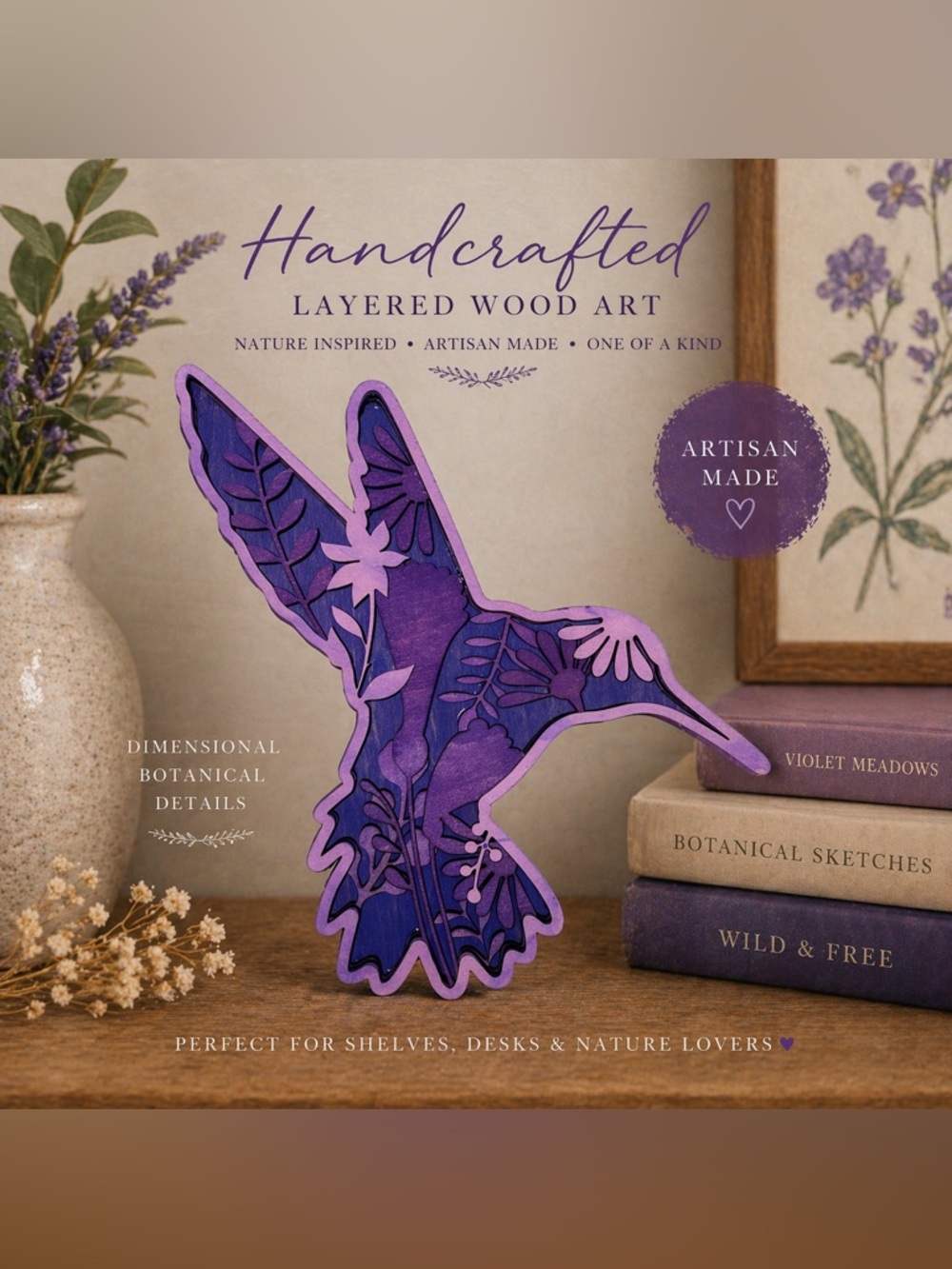 Handcrafted Layered Wood Hummingbird Decor | Purple Botanical Shelf Art